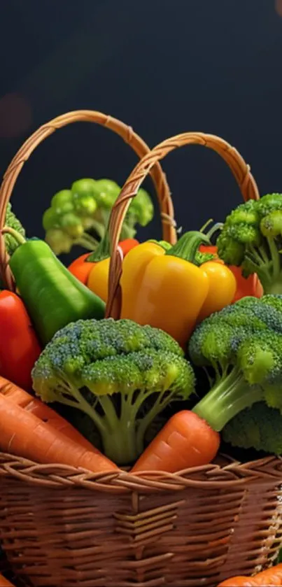 A vibrant basket of fresh vegetables, including carrots and bell peppers.