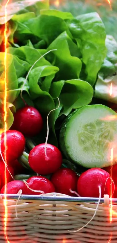 Basket of fresh vegetables with vibrant colors on grass.