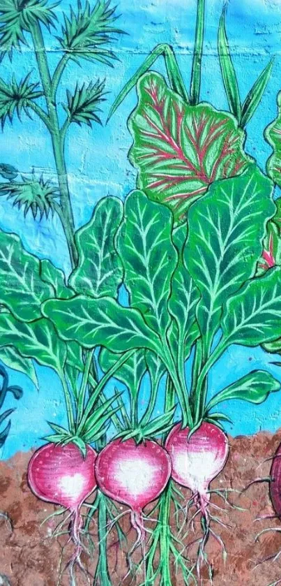 Colorful vegetable garden mural with radishes and greens.