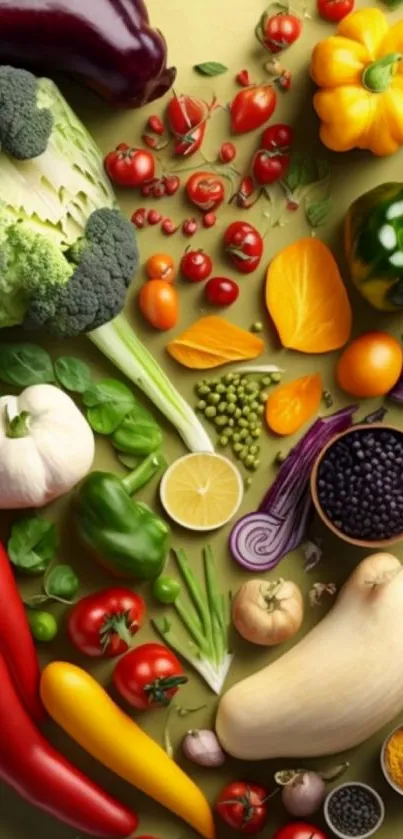 A colorful array of fresh fruits and vegetables on a gold background.