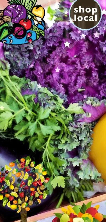 Vibrant vegetables in a basket with green, purple, and yellow hues.