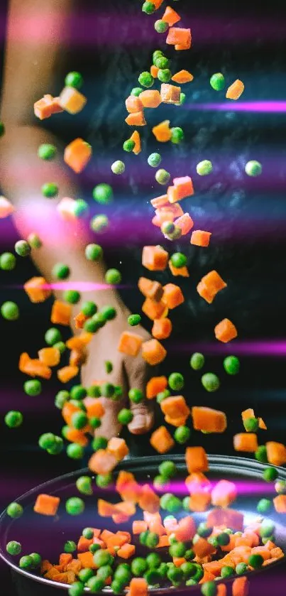 Colorful peas and carrots falling in artistic motion.