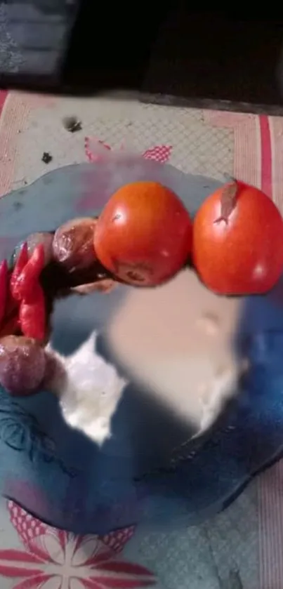 Blue plate with tomatoes and chilies on a table.