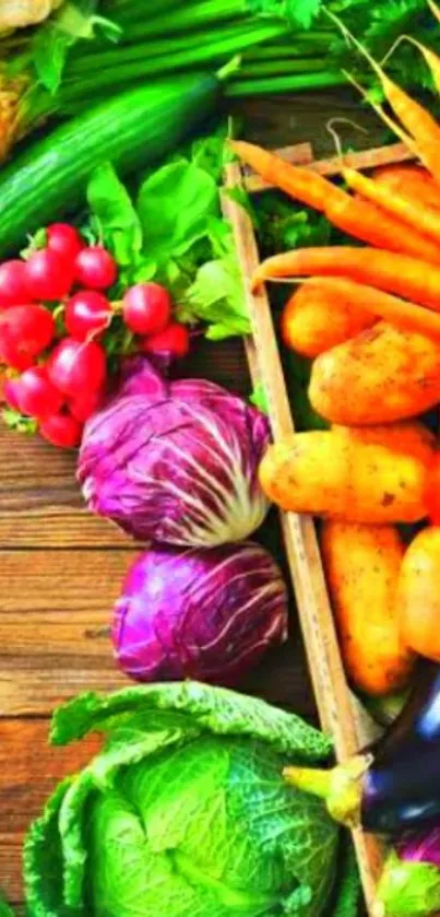 Vibrant assortment of fresh vegetables on wood.