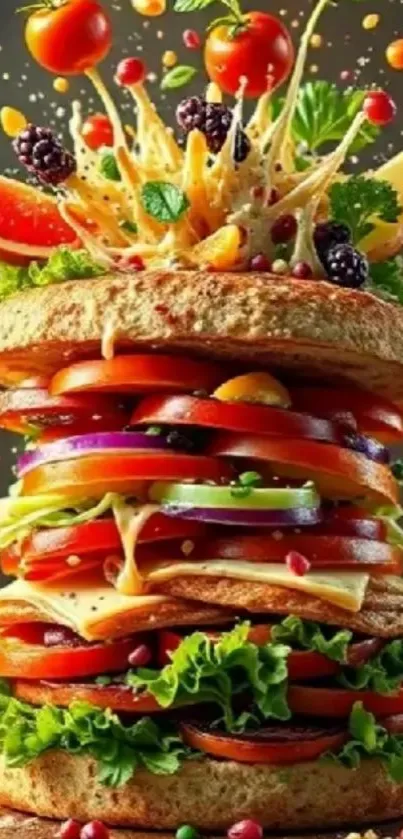 Colorful veggie sandwich with fruits and vegetables in a vibrant display.