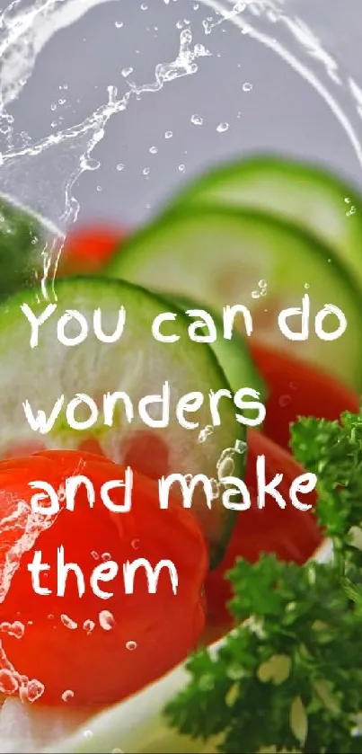 Colorful vegetables with water splash and motivational text.