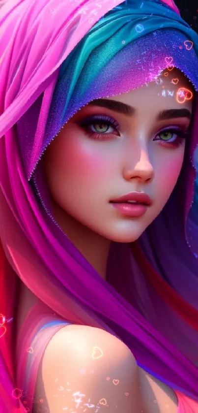 Vibrant wallpaper of a woman with a colorful flowing veil.