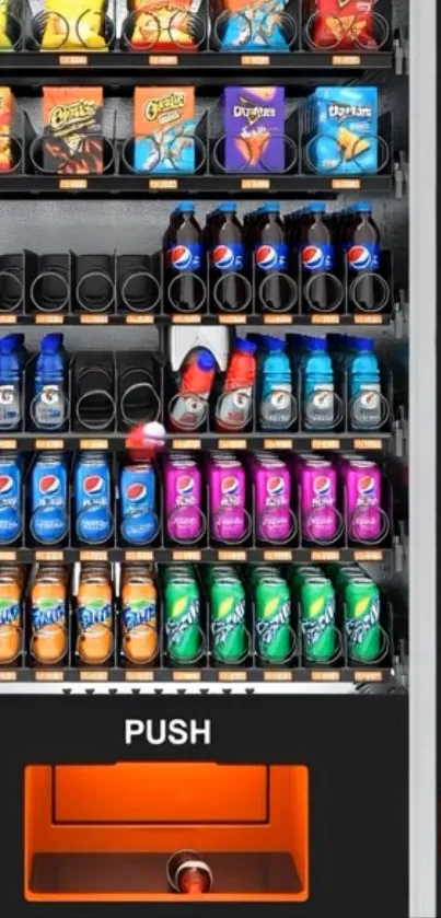 Colorful vending machine with snacks and drinks neatly displayed.