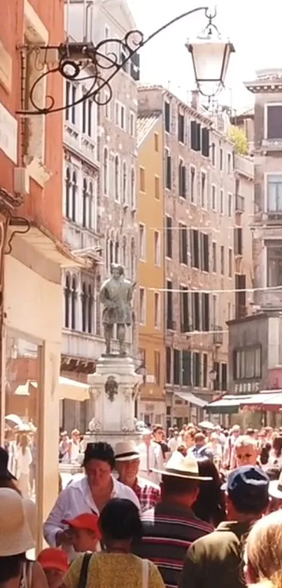 Bustling Venetian street with historic charm and vibrant crowds.