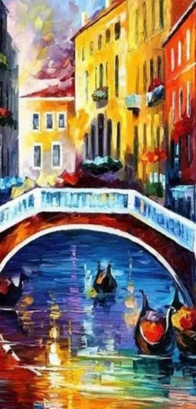 Vibrant and colorful Venice canal with painted gondolas and buildings.