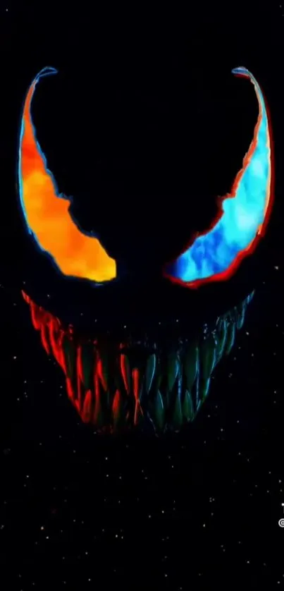 Venom-like vibrant grin on dark background