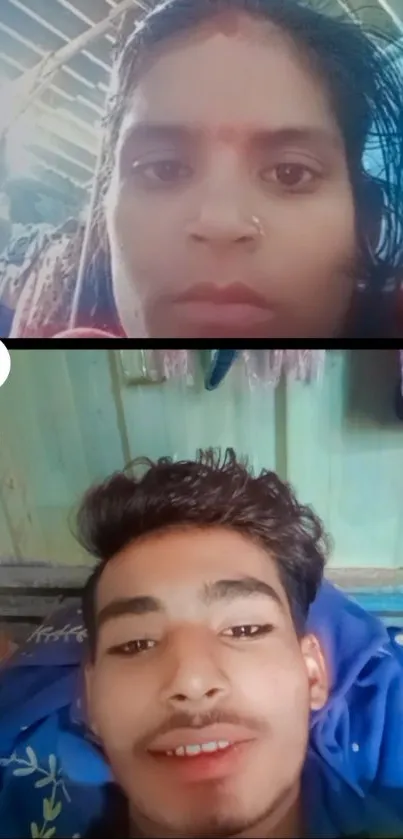 Video call wallpaper with expressive faces and colorful background.