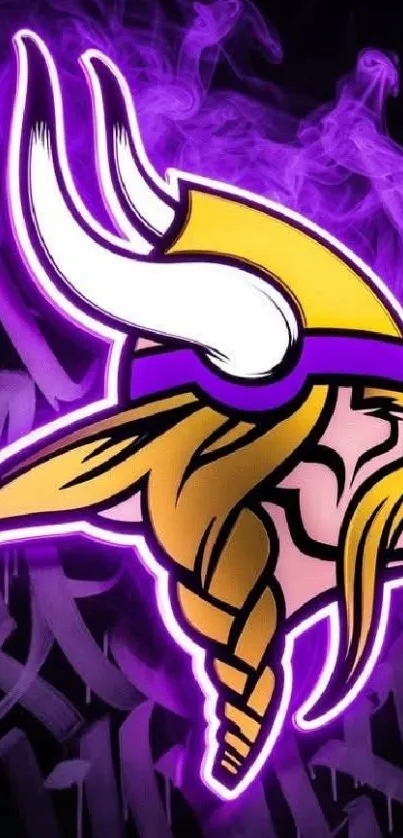 Vibrant Viking helmet with purple smoke background