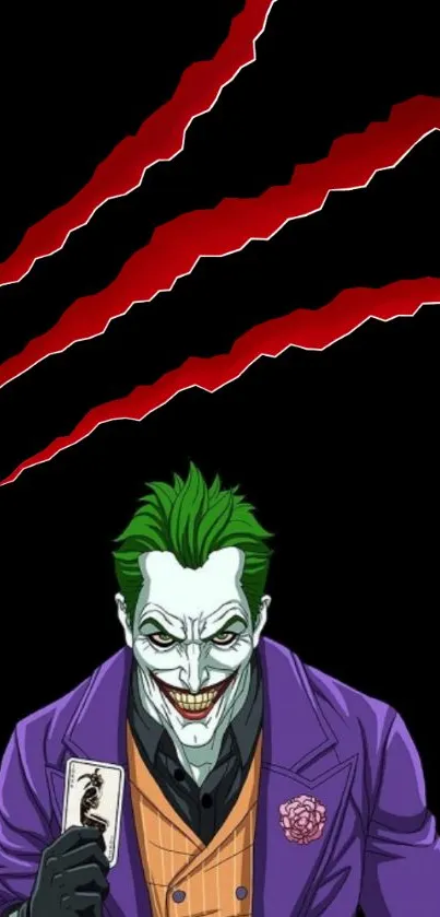 Villain with green hair and purple suit holding a card on black background.