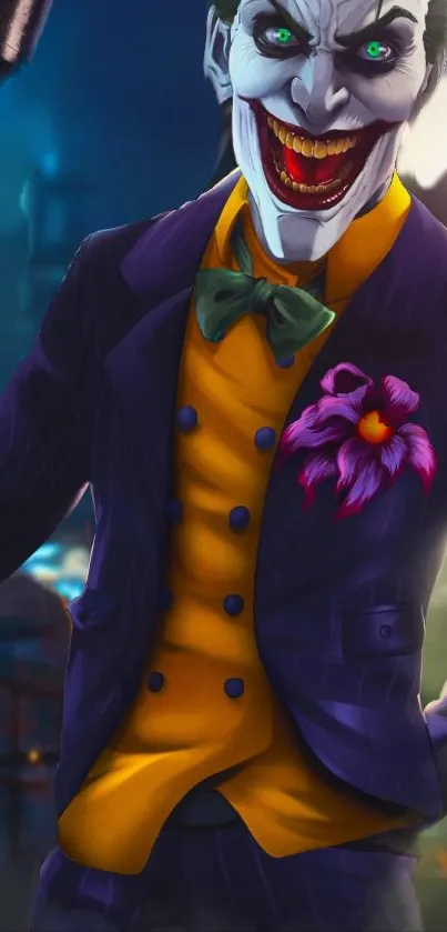 Colorful villain in a purple suit and yellow vest, perfect for mobile wallpaper.