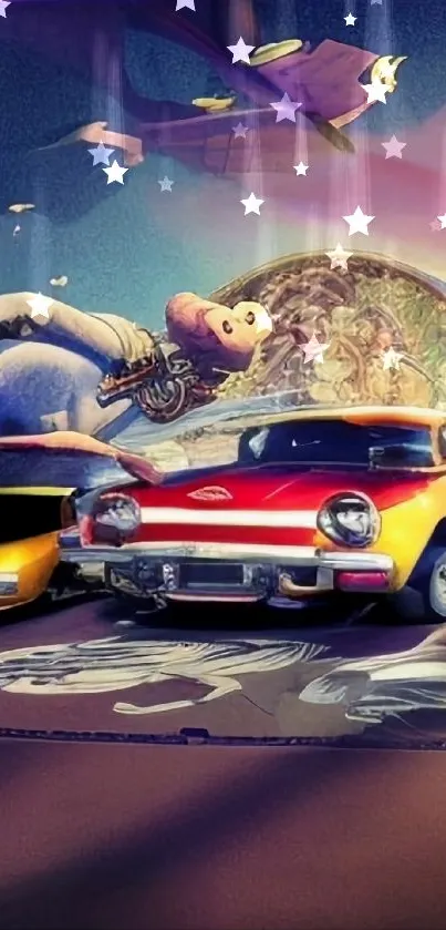 Vibrant vintage car art with colorful scene.