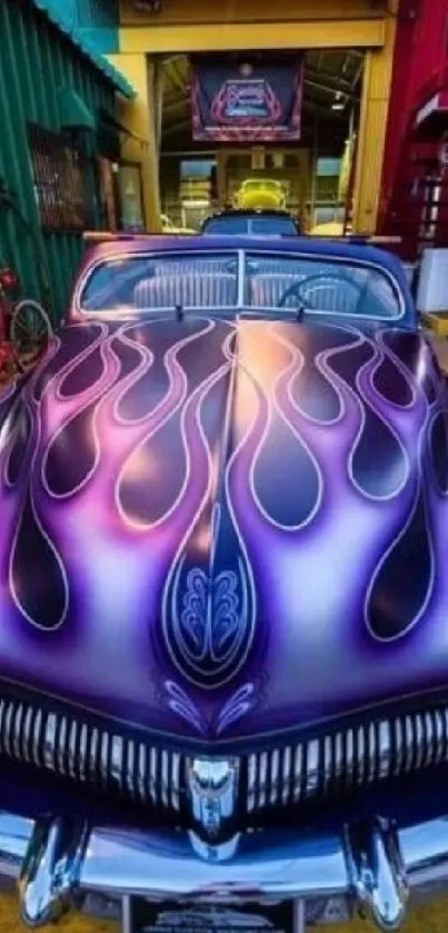 Purple flame vintage car in colorful urban setting wallpaper.