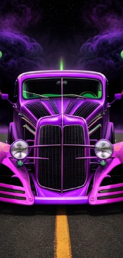 Vibrant vintage car with neon lights on a road at night.