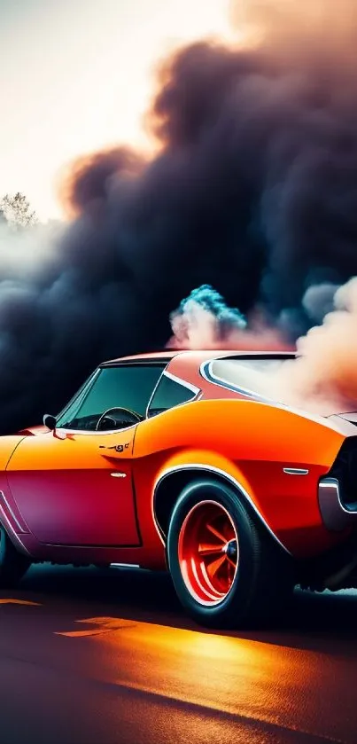 Vintage orange car drifting with smoke on a dimly lit highway.