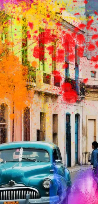 Colorful street art with vintage car and vibrant splashes.