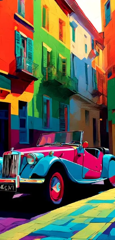 Vibrant vintage car in colorful street art scene.