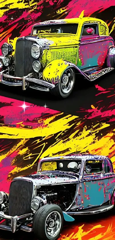 Vibrant mobile wallpaper with vintage cars in bright colors.