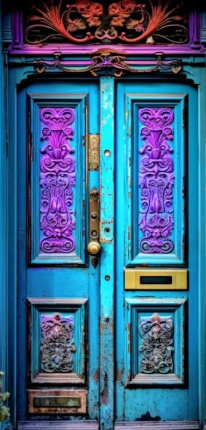 Vibrant blue and purple vintage door with intricate details.