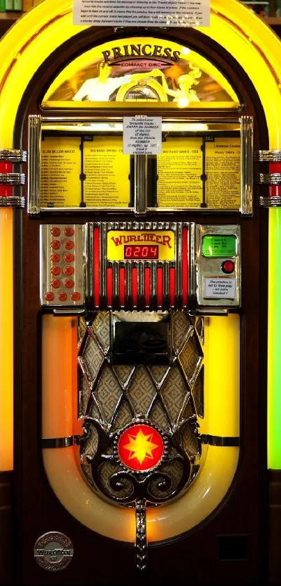 Colorful vintage jukebox with neon lights and retro design.