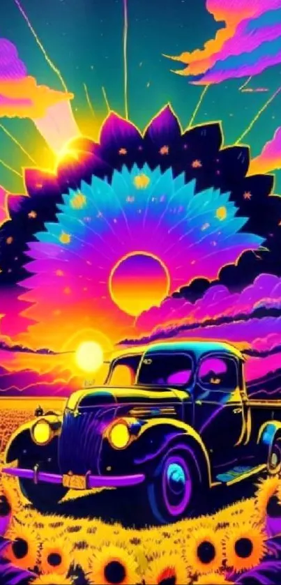 Vibrant neon vintage car with a sunflower sunset.