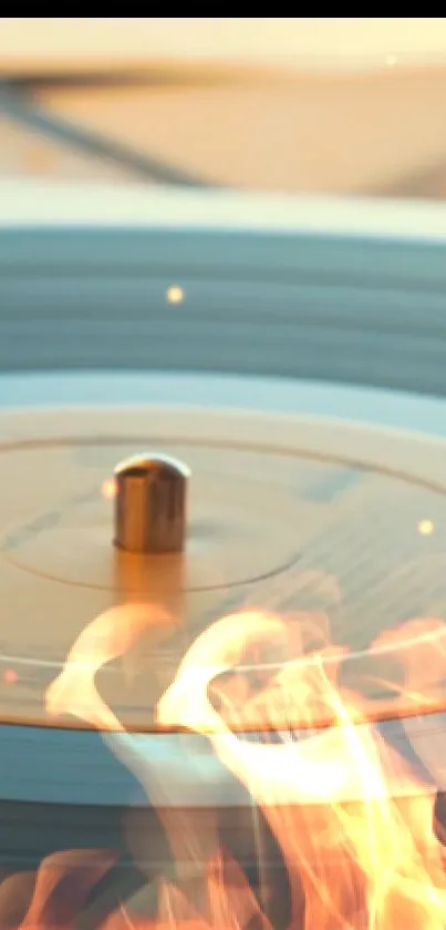 Vinyl record with dynamic flames, creating vibrant motion.