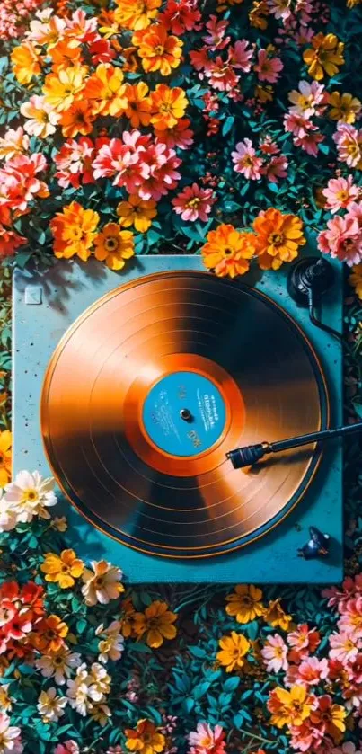 A vibrant vinyl record surrounded by colorful flowers.