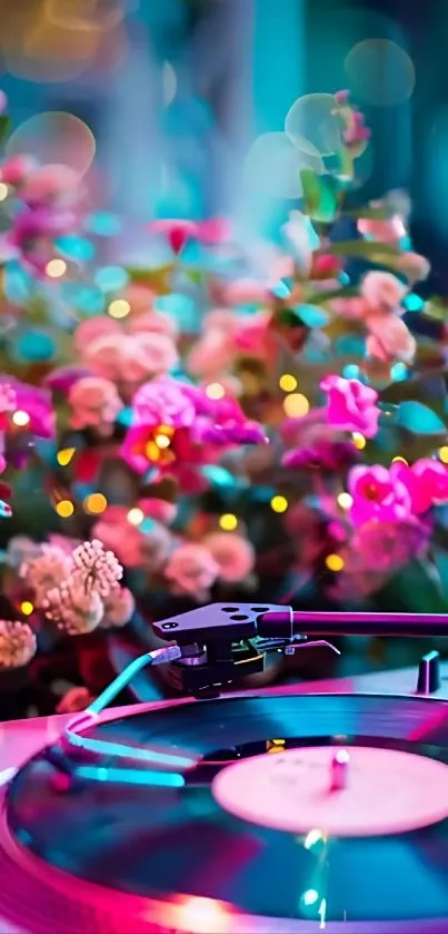 Colorful vinyl player with flowers and lights.