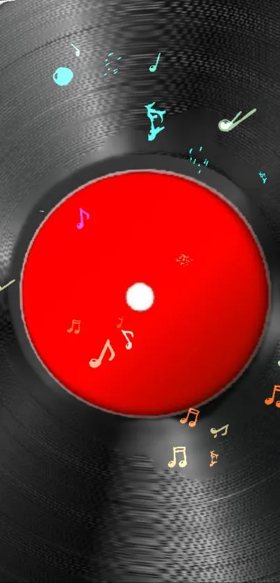 Mobile wallpaper featuring a vinyl record with colorful notes and red center.