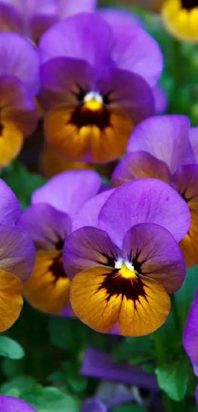 Close-up of vibrant purple flowers with vivid yellow centers.