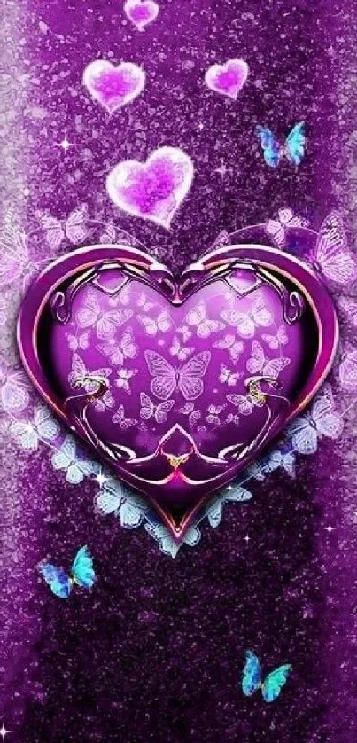 Vibrant violet heart wallpaper with butterflies and glowing effects.