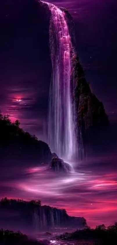 Vibrant violet waterfall under a starry night, perfect for mobile wallpaper.