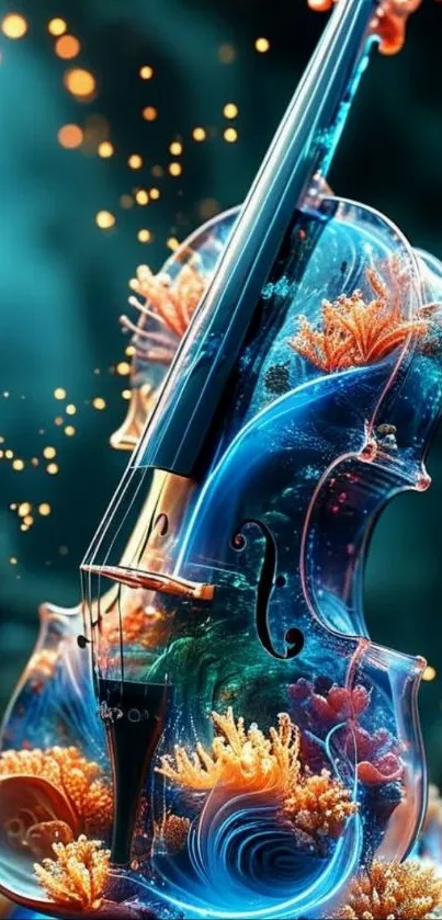 Vibrant abstract violin art with corals and aquatic theme.