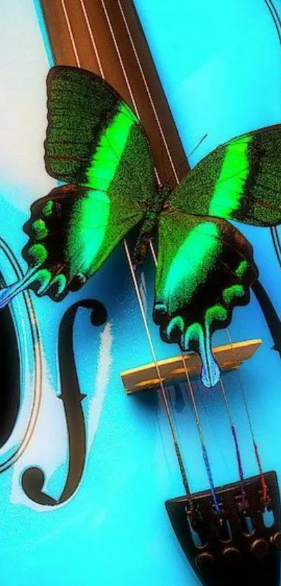 Blue violin with a vibrant green butterfly perched on top.