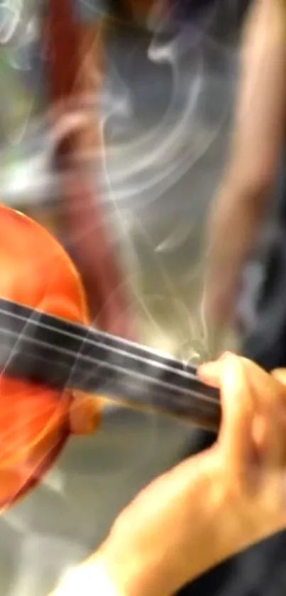 Hand playing vibrant violin art with smoky background.