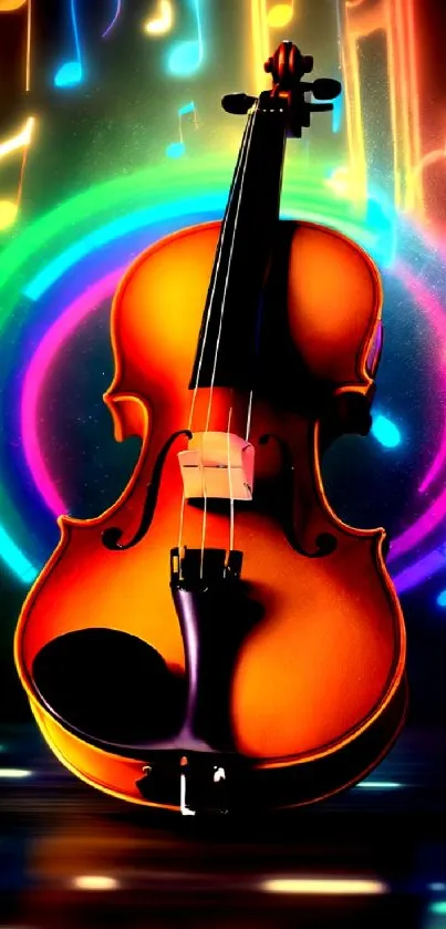 Vibrant wallpaper with a violin and neon music notes.