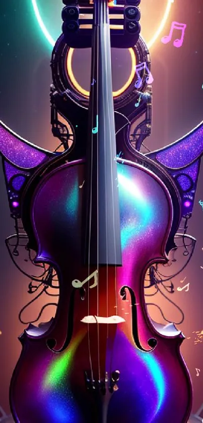 Futuristic colorful violin in a sci-fi setting with vibrant purple hues.