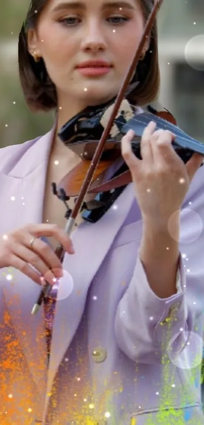 Violinist in lilac jacket with colorful paint and bokeh.