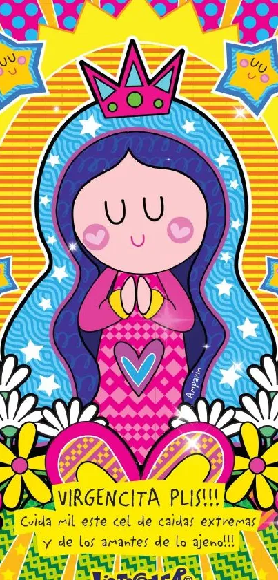 Colorful Virgin Mary mobile wallpaper with vibrant patterns and bright hues.