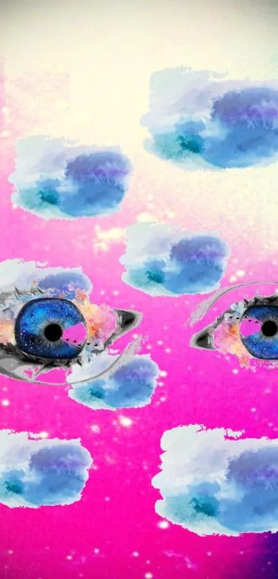 Vibrant cosmic eyes on a pink galaxy background.