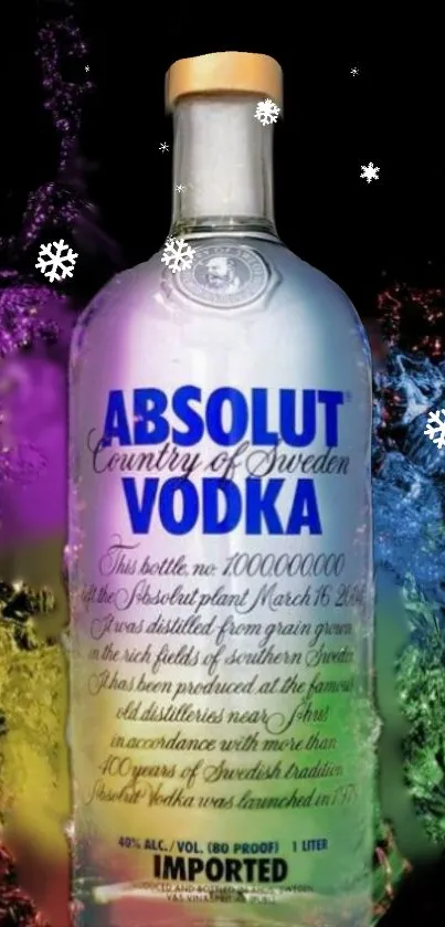 Vibrant artwork of a vodka bottle with colorful background and snowflakes.