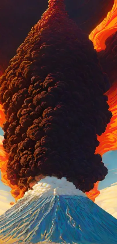 Vibrant depiction of a volcanic eruption with bright orange and dark smoke.