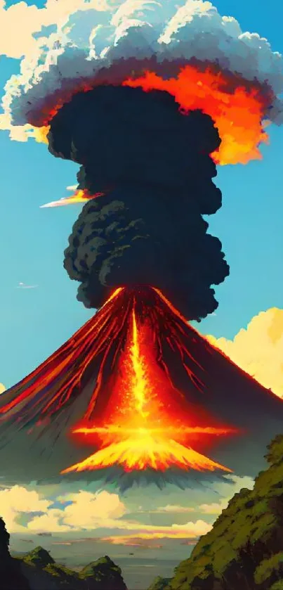 Vibrant volcanic eruption with fiery lava and ash plume.