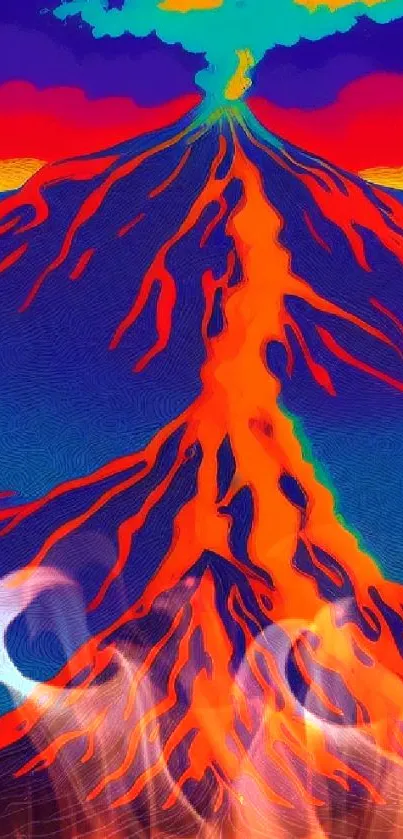 Vibrant volcanic eruption with colorful lava and smoke.