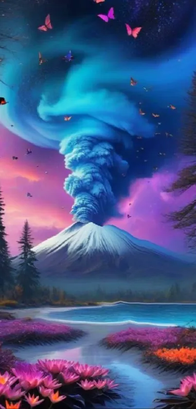 Fantasy volcanic scene with blue hues and butterflies on mobile wallpaper.