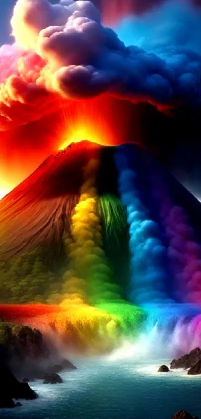 Vibrant volcanic landscape with rainbow colors emanating from a volcano.